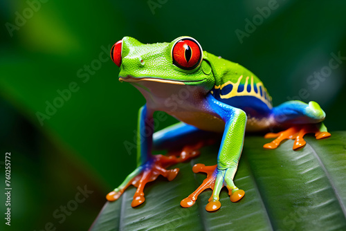a frog with red eyes sitting on a leaf © illustrativeinfinity