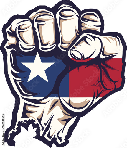A vector illustration depicts a power fist outlined in black placed above the Texas state flag, set against a white background.