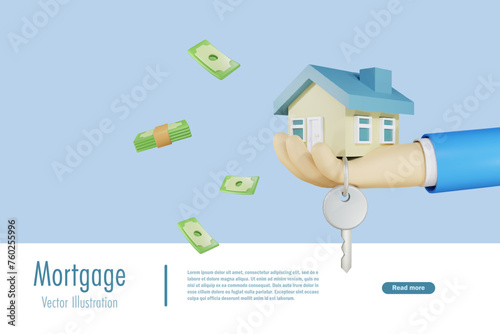 Home loan, mortgage loans, real estate, property insurance and refinance concept. Agency hand holding house and home key. 3D vector.