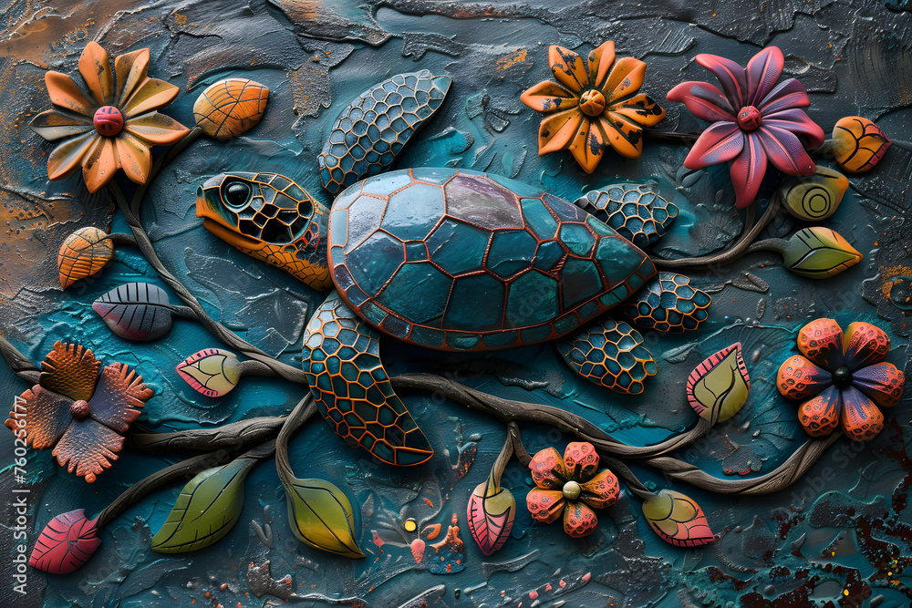 A textured bas-relief sculpture depicting a turtle amidst colorful stylized flowers, showcasing exquisite craftsmanship on a vibrant backdrop.