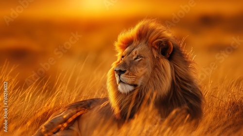 A majestic lion resting in the golden savanna grass  its mane blowing in the wind