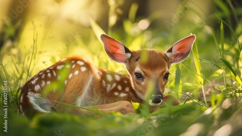 A newborn fawn nestled in the tall grass, dappled sunlight filtering through the trees © Image Studio