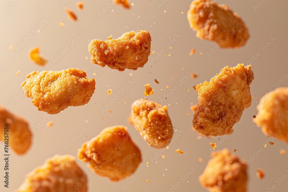 Crispy Chicken Nuggets Falling Mid-Air. Crispy Chicken Nuggets Falling Mid-Air.