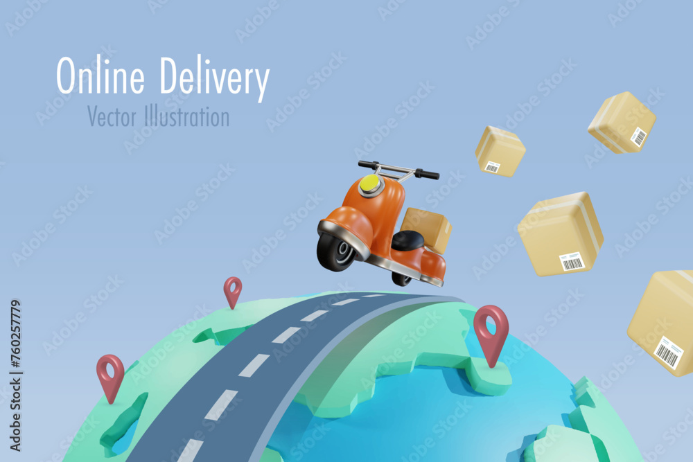 Online global delivery shipping service. Driving scooter delivers shipment box on road on world map. Online shopping, delivery and international freight distribution shipment. 3D vector.