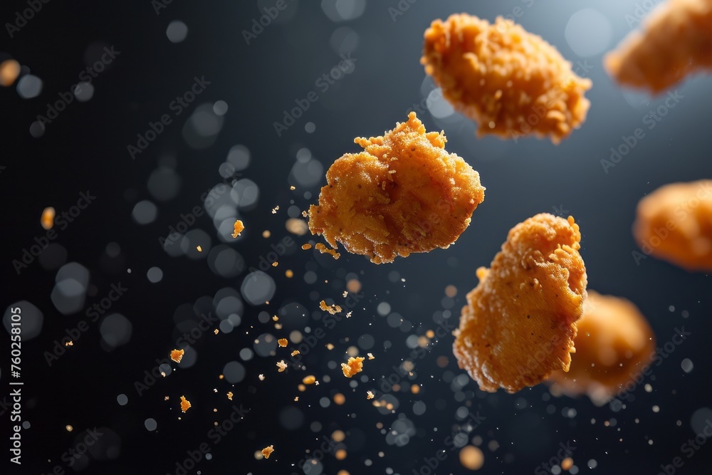 Crispy Chicken Nuggets Falling Mid-Air. Crispy Chicken Nuggets Falling Mid-Air.