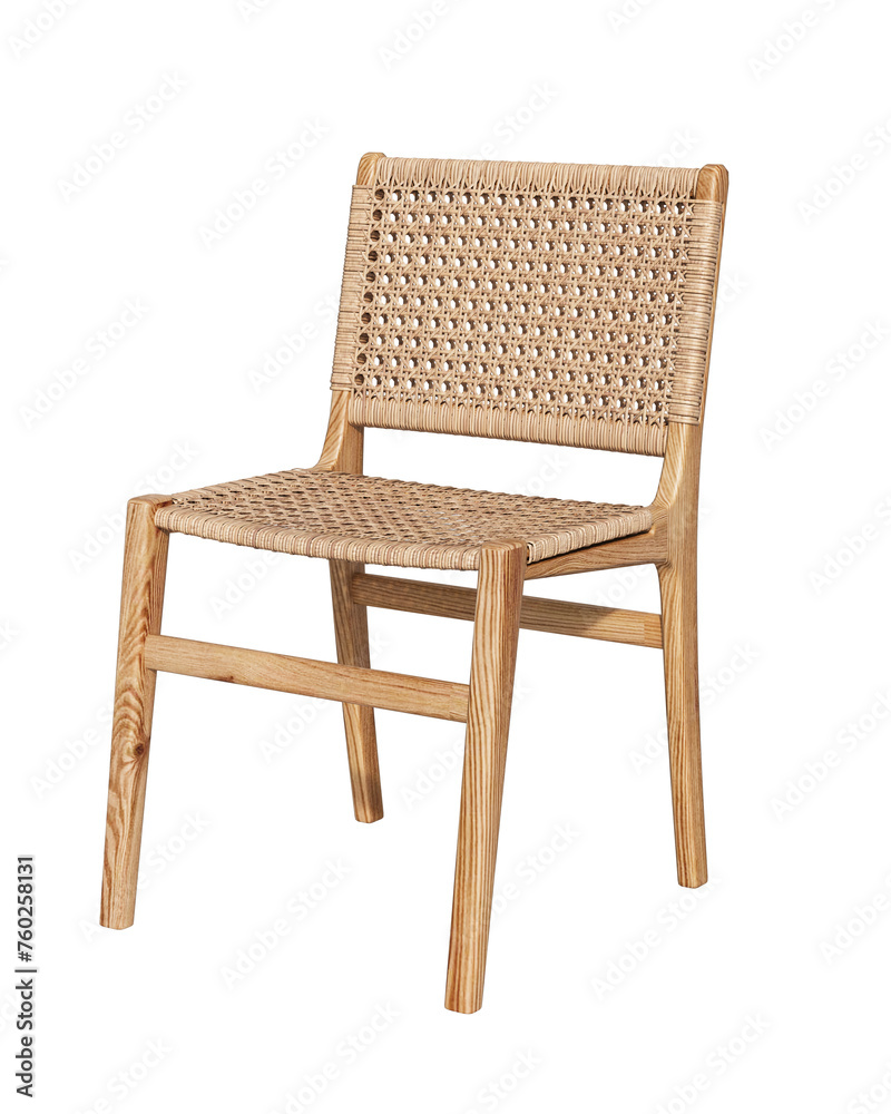 Solid wooden dining chair or woven rattan chair isolated. Open wicker chair Solid wooden dining chair or woven rattan chair isolated. Open wicker chair