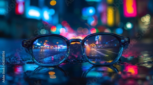A pair of glasses reflecting the vibrant colors of a city street at night