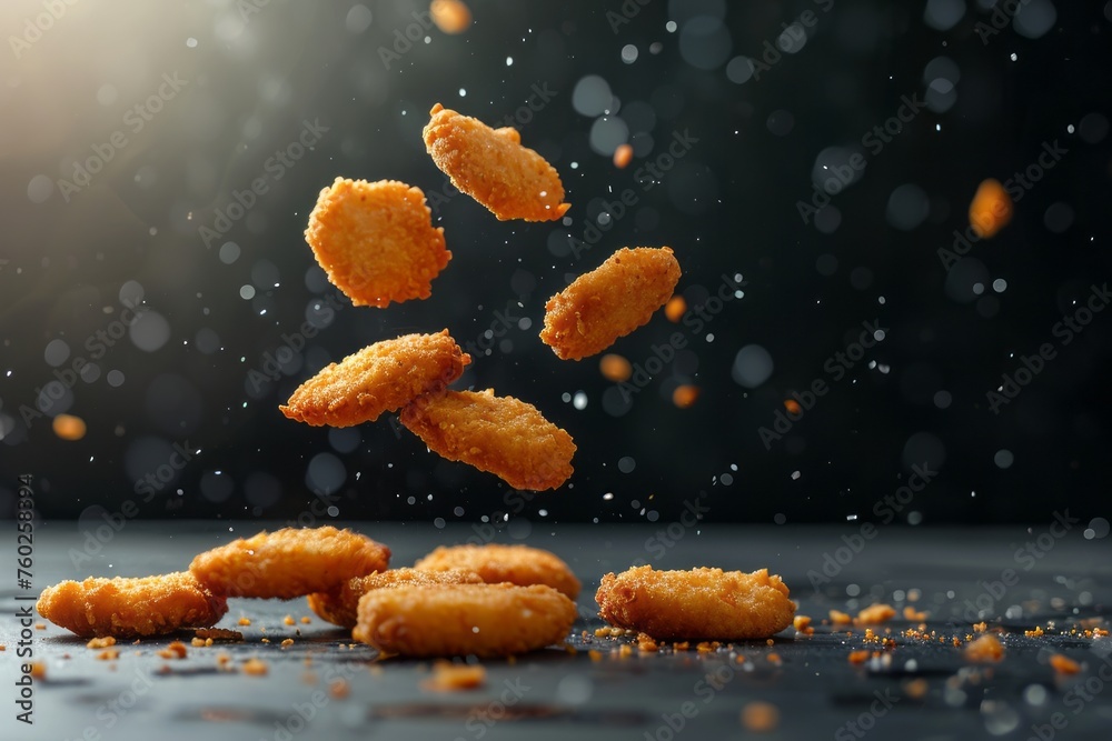 Crispy Chicken Nuggets Falling Mid-Air. Crispy Chicken Nuggets Falling Mid-Air.