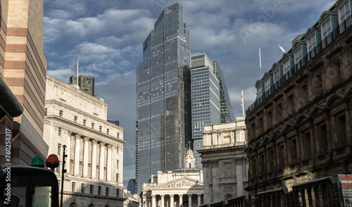 View of Bank of England, Royal Exchange with skyscrapers in background of the City of London. Space for text, Selective focus.