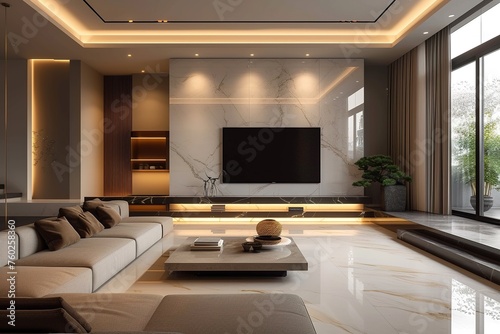 Minimalist style interior design of modern living room with tv. © Azar