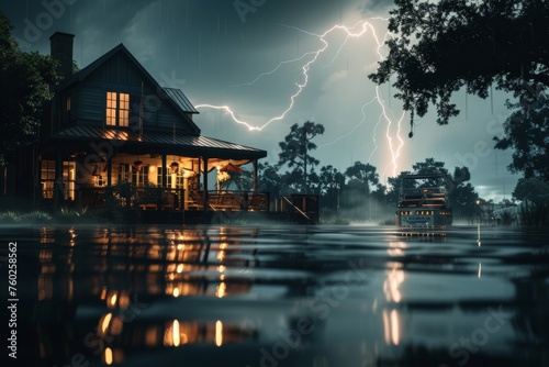 Countryside house at night with thunderstorm and lightning, cinematic.
