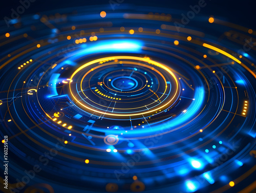 Futuristic Blue and Yellow Digital Background: Intricate Glowing Circles Symbolize Data Visualization Technology Concept