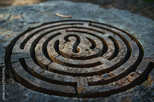 A manhole cover featuring a circular design with intricate patterns and a question mark at its center. Generative AI