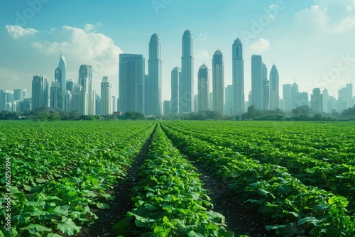 Urban skyline behind a lush green field - Contrasting modern cityscape with skyscrapers towering over a serene, green agricultural field under a blue sky