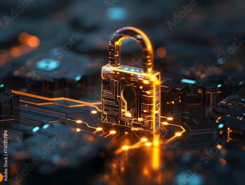 Golden Padlock Icon Glowing on Circuit Board  Digital Security and Cyber Protection in the Futuristic World of Technology