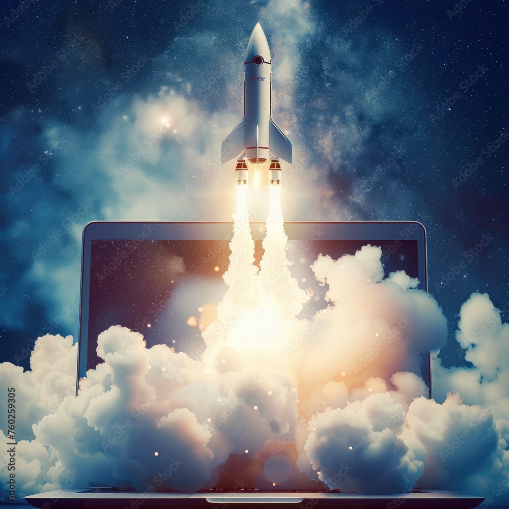 Rocket launch from laptop screen concept - Image depicts a laptop with a rocket taking off from the screen, against a starry sky backdrop symbolizing powerful ideas and innovation