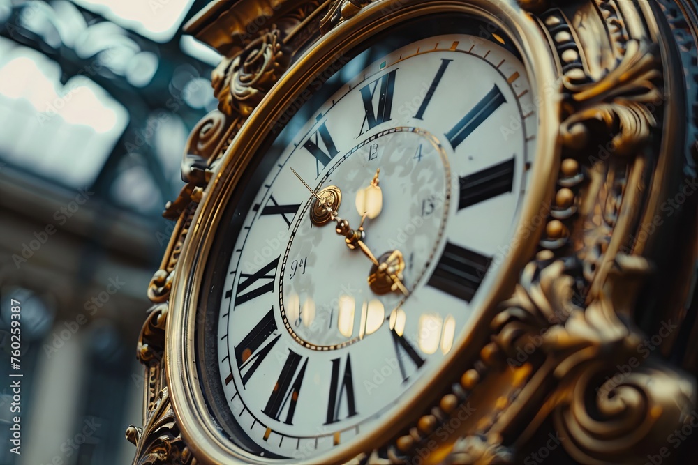 Detailed view of a clock showing Roman numerals, with the hands moving rapidly to symbolize the passage of time. Generative AI Detailed view of a clock showing Roman numerals, with the hands moving rapidly to symbolize the passage of time. Generative AI