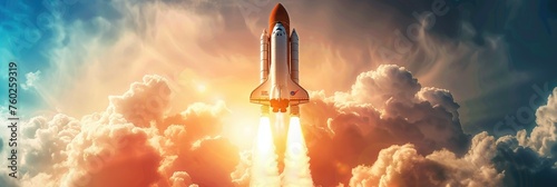 Space shuttle ascending through the clouds - A compelling image of a space shuttle launch with fiery rockets blazing through the serene cloud-filled sky