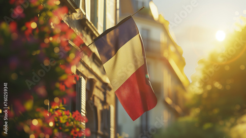 French flag is on house corner, symbol of patriotism with blurred background