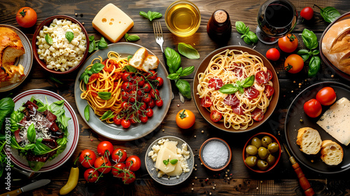 Italian cuisine is a table with a wide variety of dishes. photo