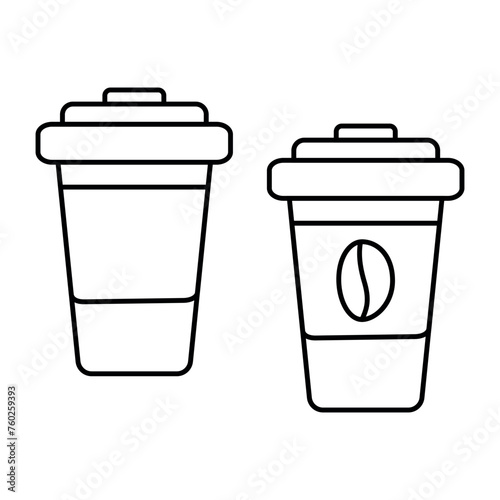 2 isolated ouline drawing disposable cups with lid. Design concept for logo, sticker, icon. Set of 2
