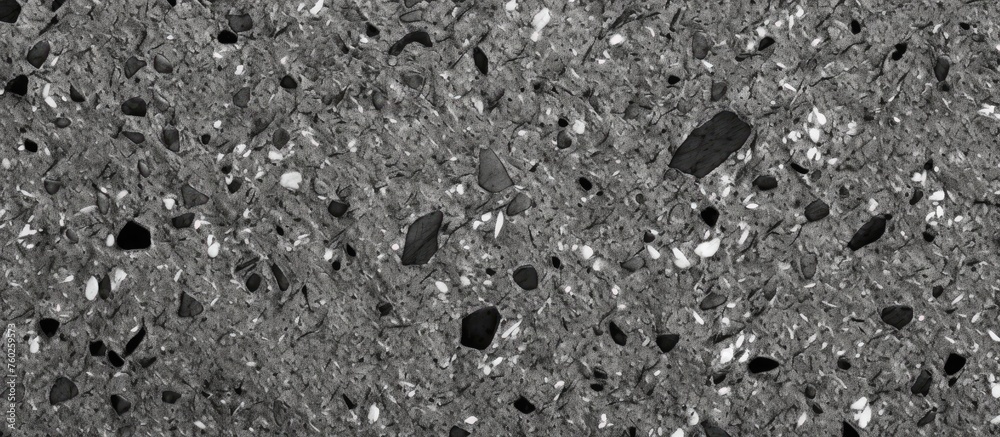 A closeup shot of a gray granite countertop featuring a mix of black and white stones, showcasing the natural beauty of this monochrome natural material