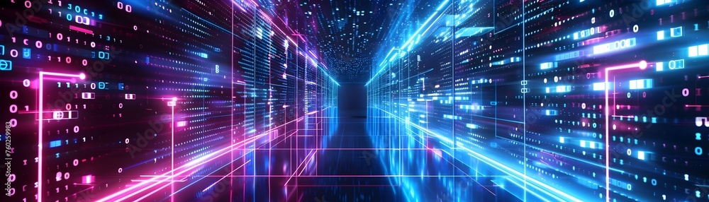 Futuristic Digital of Virtual Reality Data Visualization with Neon Lines and Binary Code