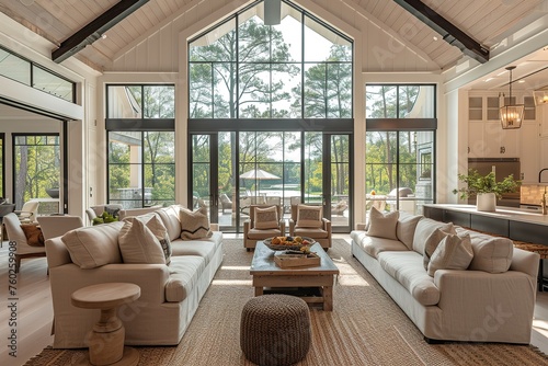 Open Concept Living Room Den with Vaulted Ceilings and Lots of Windows with a Neutral color palette