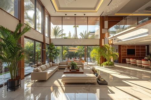 Modern spacious villa apartment. Hall entrance room, lobby with big windows, terrace.Vacation, relax, wellness spa resort, hotel. Real estate. Interior design. photo