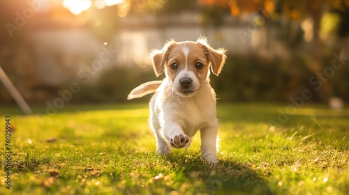 A playful puppy chasing its tail in a sunlit backyard photo