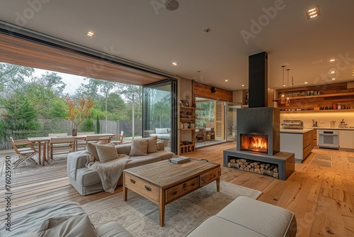 Open plan living room with white kitchen and. Cozy patio with a fireplace © Azar