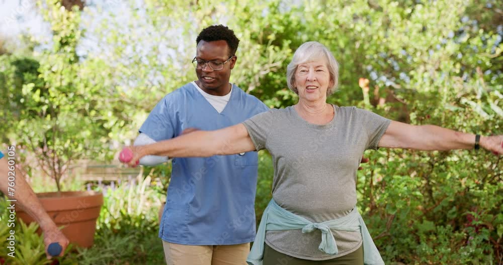 Elderly care, weightlifting for exercise and physio, old people and caregiver in garden with rehabilitation and healing. Happy, trust and muscle training for physical therapy outdoor at nursing home Elderly care, weightlifting for exercise and physio, old people and caregiver in garden with rehabilitation and healing. Happy, trust and muscle training for physical therapy outdoor at nursing home