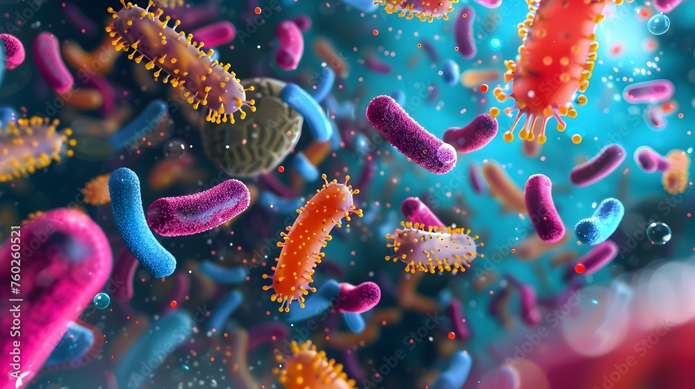 Fototapeta premium Vibrant Microbiological Diversity: A 3D Rendering of Colorful Bacteria and Microorganisms
