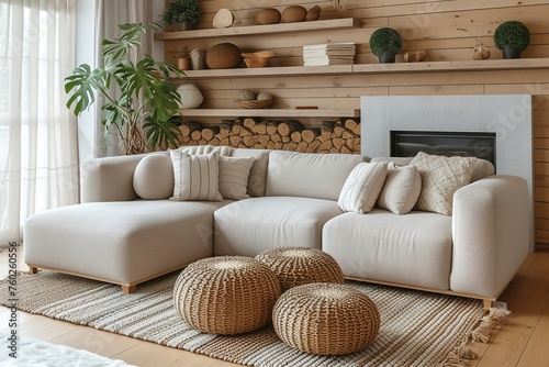 Sofa and poufs against fireplace and wooden shelving units. Scandinavian home interior design of modern living room.