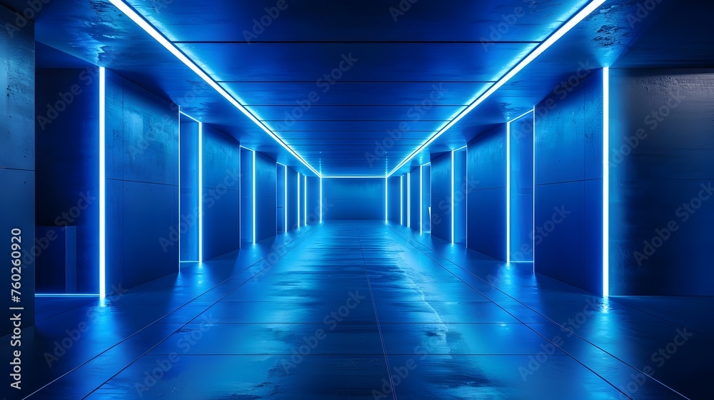 Futuristic Blue Neon-Lit Corridor Radiating Modern Architectural Style