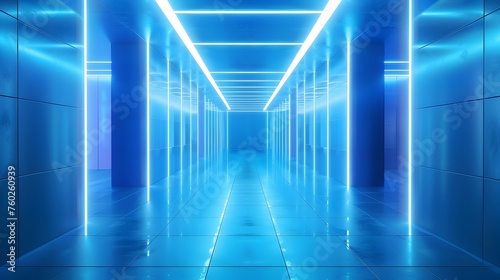 Futuristic Blue Neon Corridor Leading to a Realm of Technological Innovation