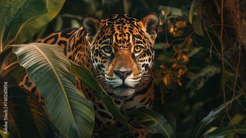 A sleek jaguar prowling through dense jungle undergrowth, eyes gleaming with hunger