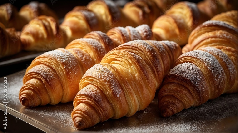 Croissants of various flavors are displayed in showcase and sold in cake shops. Croissants of various flavors are displayed in showcase and sold in cake shops.