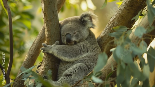 A sleepy baby koala sitting against its mother's back in the branches of a eucalyptus tree