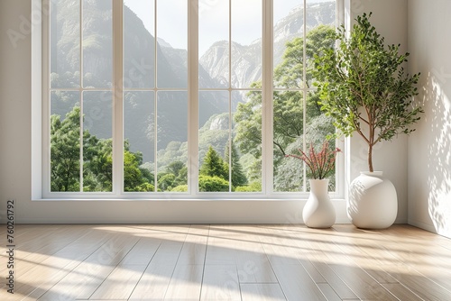 White empty room with summer landscape in window. Scandinavian interior design. 3D illustration © Azar
