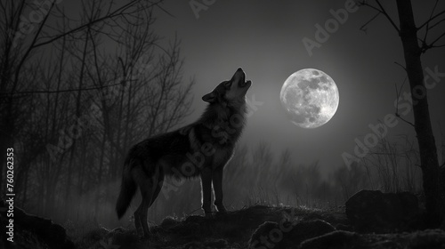 A solitary wolf howling at the moon in the dead of night  its haunting cry echoing through the forest