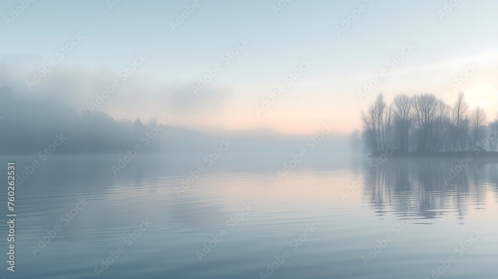 misty morning on the river - obrazy, fototapety, plakaty 