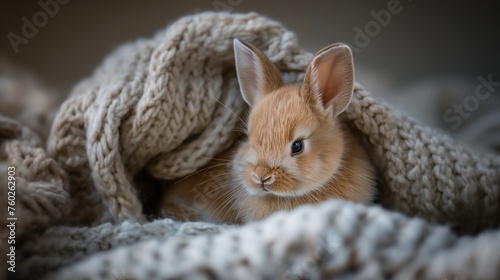 A tiny baby bunny sitting against a soft blanket in a cozy burrow