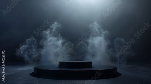 Dark podium product, dark black floor display with a smoke effect AI Image Generative