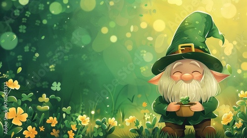 Saint Patrick's Day with gnome and clover. Vector illustration.