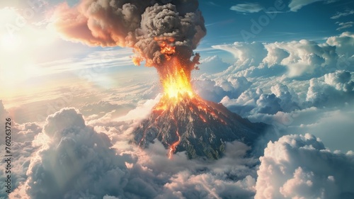 The top of mount olympus in Greek mythology erupting like a volcano releasing flames, smoke and debris into the sky as high as the clouds, high definition