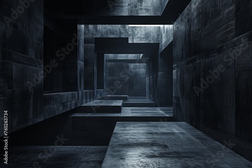 Dark futuristic image with high-tech rectangular block structure  textured walls  and 3D render