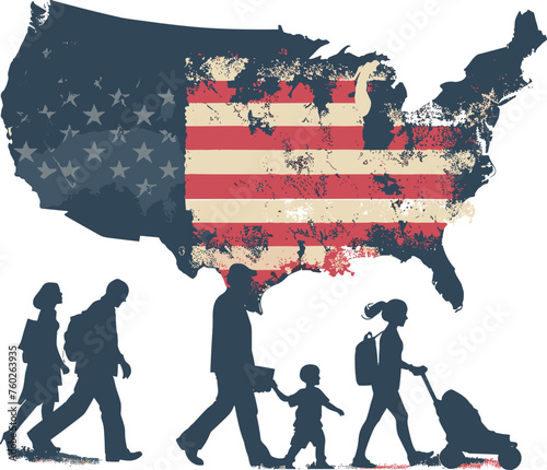 A simplistic and tidy editorial illustration depicting the United States and immigration, featuring silhouettes rendered in vector format