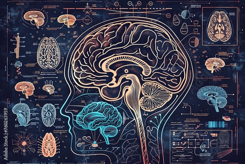 A detailed drawing of a human head displaying various parts of the brain anatomy. Generative AI