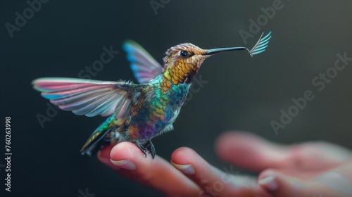 A tiny hummingbird with iridescent feathers hovering mid-air